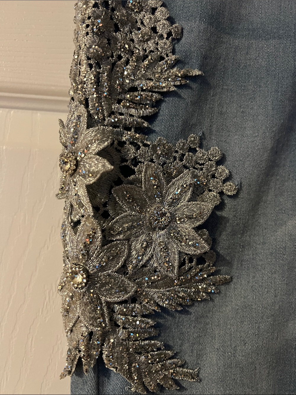 VENUS Light Blue Skinny Jeans with Silver Floral Appliqués - Picture 3 of 7